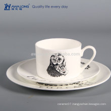Owl Painting Logo Customized Cheap White China Plates, Cup And Plate Divided Plates Dishes